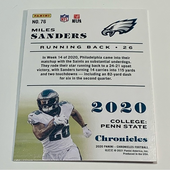 🏈 [5/$10] 2020 PANINI CHRONICLES - [BASE] #76 - MILES SANDERS NFL TRADING CARD 🏈 - Picture 2 of 2